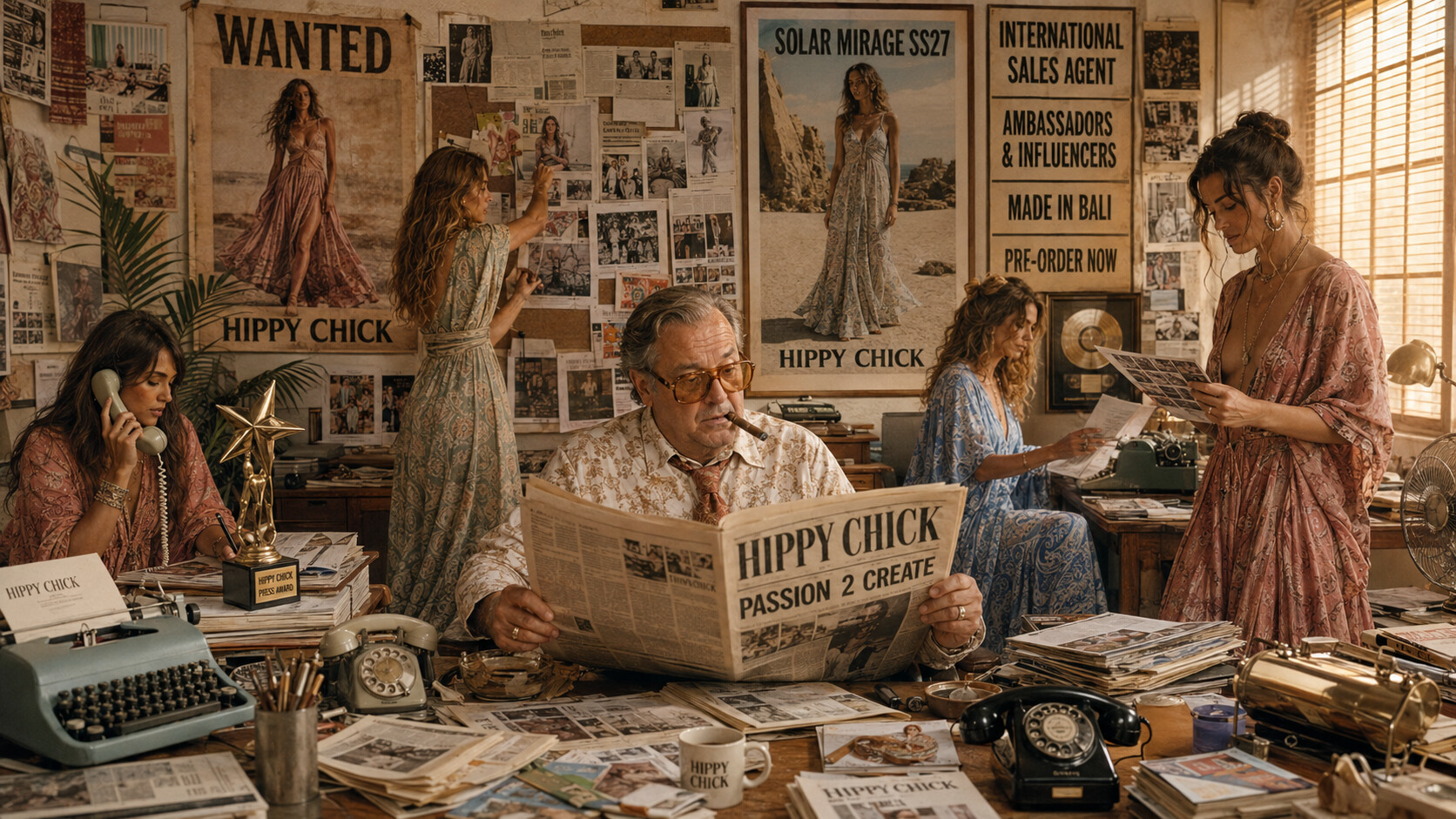 The Hippy Chick Ibiza press office, styled as a lively 1970s newsroom with journalists, newspapers and Solar Mirage campaign posters